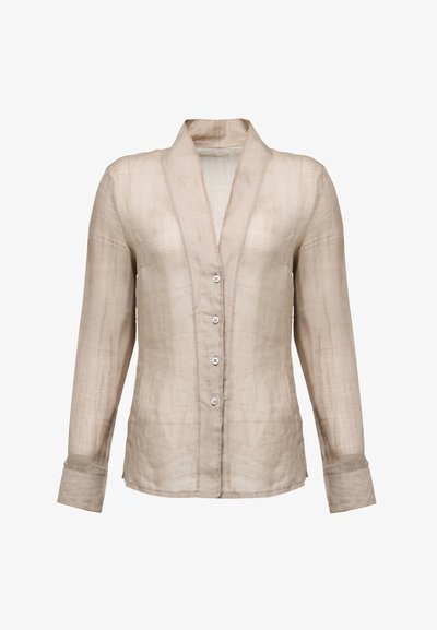 Beige linen shirt with a collar, long sleeves, and five front buttons. Features a slightly textured surface and a relaxed fit.