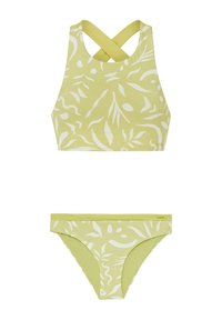 Svijetlozeleni bikini set s topom na vezanje i odgovarajućim donjim dijelom. Obje komponente imaju bijeli apstraktni uzorak lišća. Glatka tekstura.