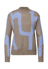 Brązowy sweter dziany z niebieskimi abstrakcyjnymi wzorami. Posiada okrągły dekolt, długie rękawy oraz fakturowane wykończenie.