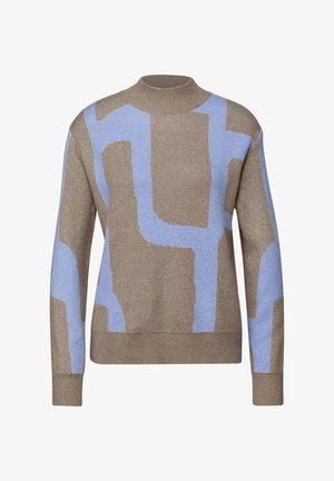 Suéter de punto en marrón con patrones abstractos en azul. Cuenta con cuello redondo, mangas largas y un acabado texturizado.