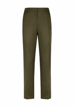 Pantalon droit vert olive avec passants de ceinture et fermeture avant dissimulée, présenté sur un fond blanc.