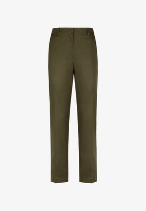 Pantalon droit vert olive avec passants de ceinture et fermeture avant dissimulée, présenté sur un fond blanc.