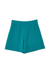 Pantaloni corti teal realizzati in un tessuto liscio, caratterizzati da un design sartoriale con pieghe frontali e orlo pulito. Nessun hardware o motivo visibile.