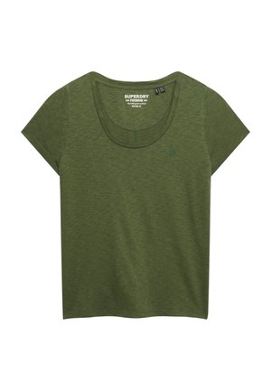 Olijfgroen t-shirt met korte mouwen, ronde hals en een subtiel logo. Zachte textuur met een relaxte pasvorm, een nette zoom en geen patronen.