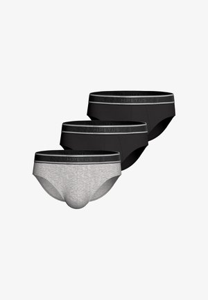 Tres calzoncillos de hombre con cinturillas elásticas, dos pares negros y uno gris claro, dispuestos uno al lado del otro sobre un fondo blanco.