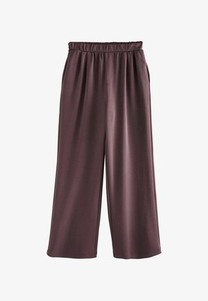 Pantaloni a gamba larga in un ricco viola scuro. Realizzati in tessuto morbido e liscio, con una vita elasticizzata e senza elementi hardware visibili. Design casual.
