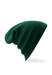 Green knit beanie hat with a soft, ribbed texture, featuring a slouchy design that tapers at the top and a rounded edge at the brim.