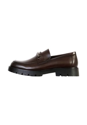 Dark brown leather loafer with black lug sole and silver horsebit buckle on vamp, shown in side profile on white background.
