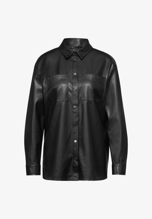 Black leather shirt jacket with a collared neck, long sleeves, and two chest pockets. Features snap buttons down the front and smooth texture.