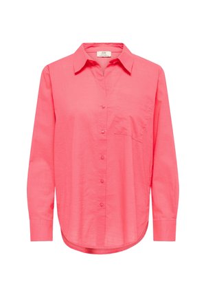 Chemise boutonnée à manches longues de couleur corail rose vif, avec col pointu et poche poitrine, fabriquée en tissu léger.