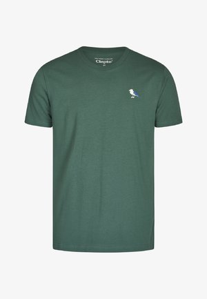 Roheline puuvilla T-särk ümarate kraega, millel on vasaku rinnaosa peal väike valge ja sinine tikand lindudest. Klassikaline lõige.