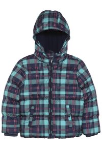 Doudoune matelassée avec un motif écossais bleu marine et bleu sarcelle, capuche, fermeture éclair et deux poches avant, fabriquée dans un matériau résistant et isolant.