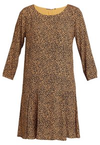 Vestido de estampado de leopardo con mangas 3/4, escote redondo, dobladillo con pliegues y una tela suave en una combinación de colores marrón claro y negro.