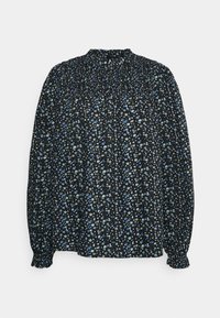Blusa preta de mangas longas com um padrão floral de flores azuis e brancas, decote franzido e punhos franzidos. Tecido leve e texturizado.