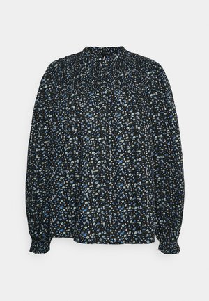 Blusa preta de mangas longas com um padrão floral de flores azuis e brancas, decote franzido e punhos franzidos. Tecido leve e texturizado.