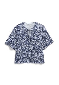 Kurzärmlige Bluse im navy-weißen Blumendesign. Hat einen runden Ausschnitt und eine lockere Passform. Leichter Stoff mit einer dezenten Textur.