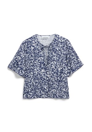 Kurzärmlige Bluse im navy-weißen Blumendesign. Hat einen runden Ausschnitt und eine lockere Passform. Leichter Stoff mit einer dezenten Textur.