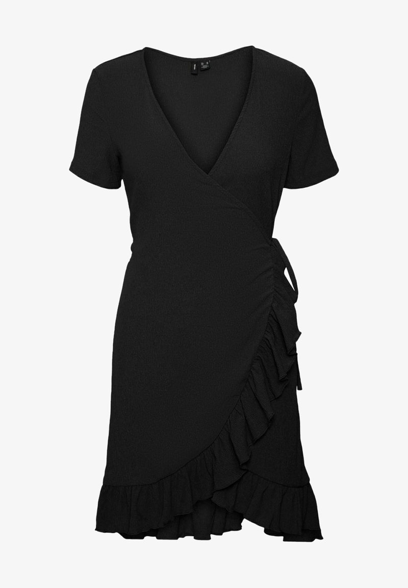 Robe portefeuille noire en tissu texturé, avec des manches courtes, un décolleté en V profond et un ourlet à volants avec un lien ajustable à la taille.
