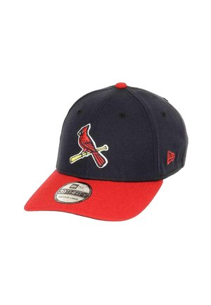 Navy blue cap with a red brim, featuring a white and red embroidered cardinal logo on the front and a small logo on the side.