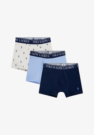 Drie paren herenslipkorte onderbroeken: wit met een marineblauw logo, lichtblauw en marineblauw. Allemaal met een merk- elastische tailleband. Zachte katoenstof.