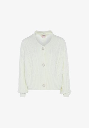 Cardigan a maglia cable, crema, con una texture morbida, scollatura rotonda e chiusura frontale con bottoni in acciaio dorato. Maniche lunghe, leggermente a sbuffo.