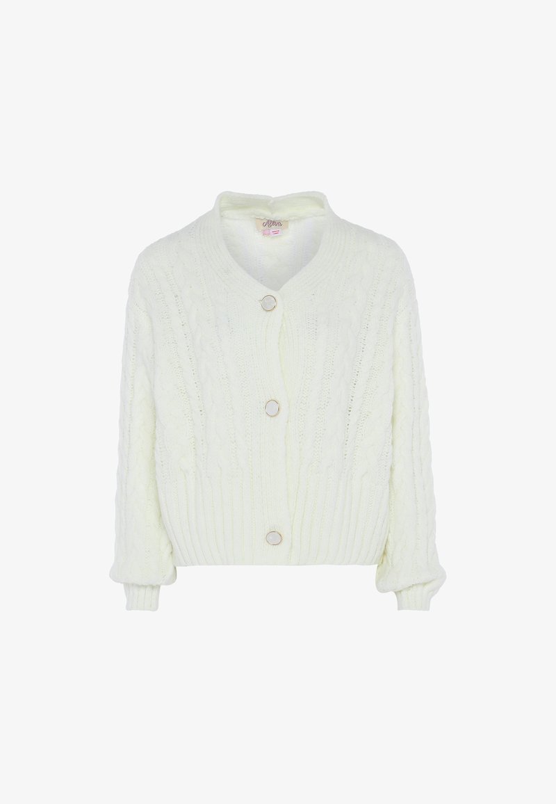 Bársonyos tapintású, krém színű, kábelmintás kardigán, kerek nyakkivágással és elöl, arany szegélyezéssel díszített gombos záródással. Hosszú, enyhén puffos ujjakkal.