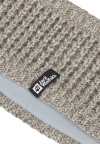 Bandeau en laine tricotée de couleur beige avec un motif texturé, doté d'une doublure en polaire grise douce et d'une étiquette noire avec la marque "Jack Wolfskin".
