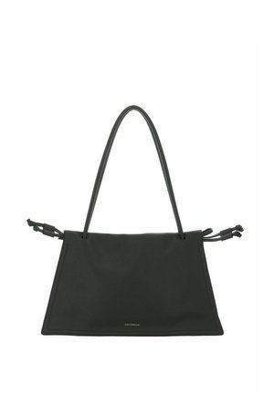 Schwarze trapezförmige Ledertasche mit langen dünnen Henkeln, dekorativen Knoten an den Seiten und kleinem goldfarbenem Markennamen "COCCINELLE" vorne in der Mitte.