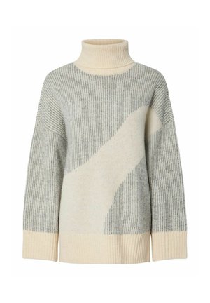 Lichtgrijze en crème coltrui met een geribbelde textuur en diagonaal patroon. Boxy pasvorm met wijde mouwen en een dikke manchet.