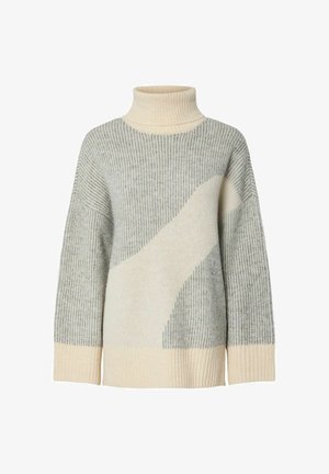 Lichtgrijze en crème coltrui met een geribbelde textuur en diagonaal patroon. Boxy pasvorm met wijde mouwen en een dikke manchet.