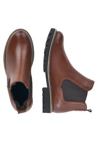 Botas de cuero marrón hasta el tobillo con paneles elásticos en los laterales, acentos texturizados y una suela de goma negra resistente. Detalles de costura a lo largo de los bordes.