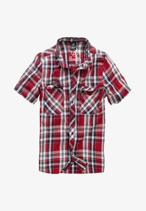 Koszula w kratę z krótkim rękawem w kolorze czerwonym, białym i czarnym. Posiada zapięcie na guziki, dwie przednie kieszenie oraz usztywniony kołnierz. Materiał bawełniany.