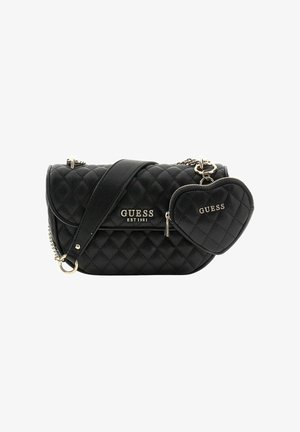 Borsa a tracolla nera trapuntata con dettagli in oro, dotata di un ciondolo a forma di cuore removibile. Texture liscia con tracolla regolabile.