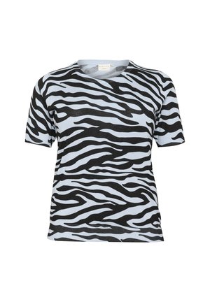 Fekete és világoskék, rövid ujjú póló zebra csíkos mintával és kerek nyakkivágással, puha, könnyű anyagból készült.