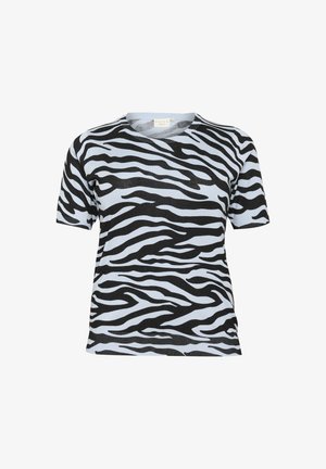 Fekete és világoskék, rövid ujjú póló zebra csíkos mintával és kerek nyakkivágással, puha, könnyű anyagból készült.