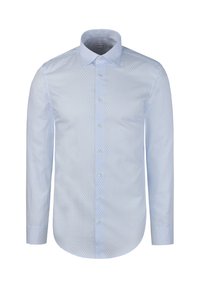 Chemise pour homme à manches longues bleu clair avec un motif subtil en forme de losange et un col classique sur fond blanc.