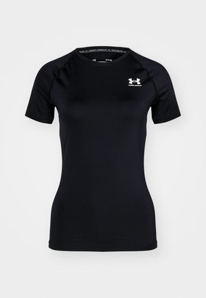 Schwarzes, kurzärmliges Sportshirt aus glattem, leichtem Stoff. Es hat einen Rundhalsausschnitt und ein kleines weißes Logo auf der oberen Brust.