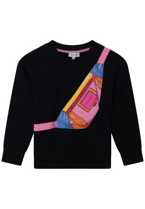 Zwarte sweatshirt met lange mouwen, voorzien van een kleurrijke graphic van een rits heuptasje in roze, blauw, oranje en geel op de voorkant.