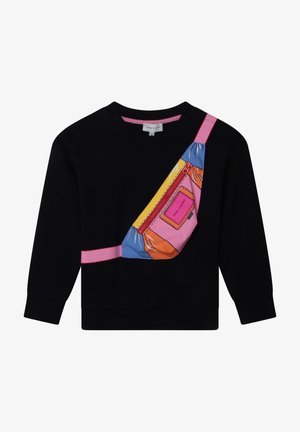 Sort sweatshirt med lange ærmer, med et farverigt grafisk motiv af en lynlåset bæltetaske i pink, blå, orange og gul på forsiden.