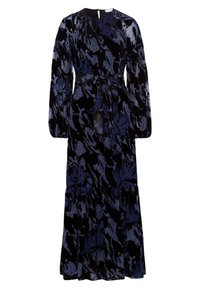 Robe maxi en velours noir avec un motif floral. Dotée de manches longues, d'une taille cintrée et d'un ourlet à volants. La palette de couleurs inclut du bleu et du noir.