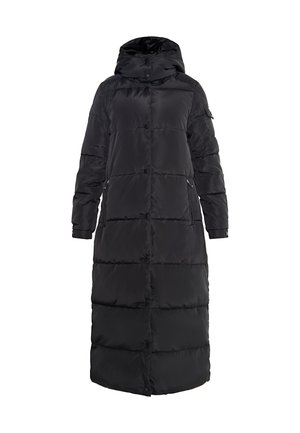 Schwarzer langer Daunenmantel mit Kapuze, ausgestattet mit einem gesteppten Design, Druckknopfverschluss und seitlichen Taschen. Glattes, wasserabweisendes Material.