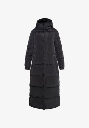 Schwarzer langer Daunenmantel mit Kapuze, ausgestattet mit einem gesteppten Design, Druckknopfverschluss und seitlichen Taschen. Glattes, wasserabweisendes Material.
