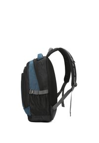 Sac à dos noir et bleu avec une surface texturée, des compartiments zippés, des bretelles ajustables et un logo sur la sangle.