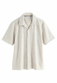 Korte mouwen shirt in lichtbeige met verticale strepen. Voorzien van een ontspannen kraag, knoopsluiting en een gestructureerde geweven stof.
