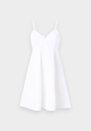 White sleeveless dress with a fitted bodice and flared skirt. Made from lightweight fabric, features delicate gathering at the front.