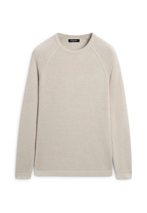 Hellbeiger Rundhalspullover mit langen Ärmeln, einfachem Design und Raglan-Ärmelnähten.