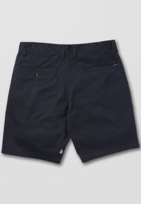 Shorts casual blu navy con due tasche a welt posteriori, una con bottone, passanti per cintura e piccoli loghi del marchio sul retro e sull'orlo.