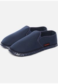 Navy blue slip-on slippers made of canvas with a textured rubber sole and red brand tag; cushioned interior for comfort.