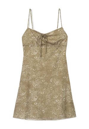 Bruine spaghetti-jurk met paisley-patroon, een nauwsluitend lijfje, een geplooide strikdetail aan de voorkant, en een rok met uitlopende vorm.