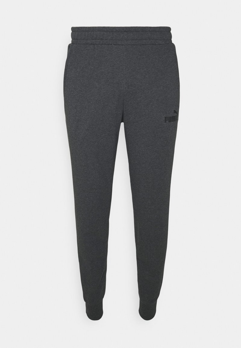 Calças de moletom em material de algodão cinza escuro, com uma cintura elástica e pernas ajustadas, apresentando um pequeno logótipo preto da Puma no quadril esquerdo.